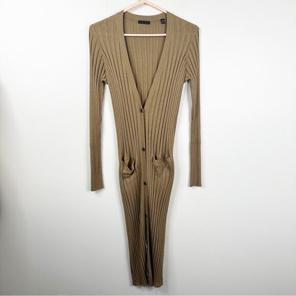 ATM Long Sweater Cardigan in Sahara Womens M Silk Cotton Ribbed Button Front - Picture 3 of 10